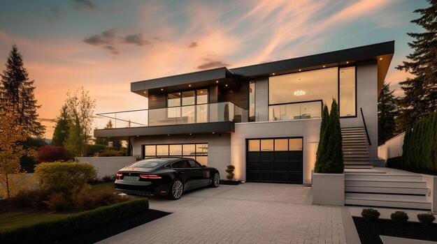 ai generative exterior of modern luxury house with garden and beautiful sky photo